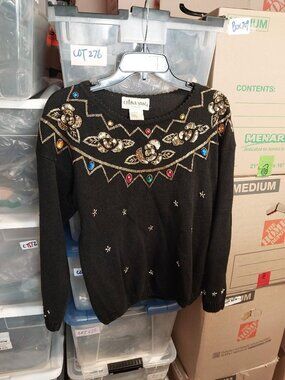 Vintage Celina Yang Blk Knit Sweater Gold Sequin Flora Rainbow Jewel PS DEFECT